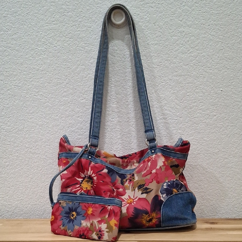 Floral Denim Tote and Pouch Set